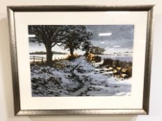 Matt Forster : A rural snow covered path in winter, watercolour, 50 cm x 70 cm, signed an dated '01.