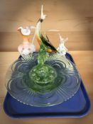 An Art Deco green glass bowl with bird centrepiece, together with a studio glass figure of a fish,