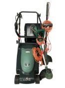A Hayter electric mower and two strimmers