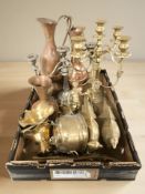 Brass and copper wares including candelabra, jugs, figures of pheasants,