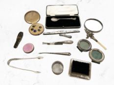 A group of silver and further collectables to include antique child's rattle (af), pink enamel pot,