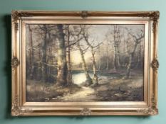 Contemporary School : A moonlit pond amongst trees, oil on canvas, indistinctly signed,