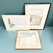 J M Woodcoffe (20th Century) : Winter Landscape with Red Brick Building on Hillside, watercolour,