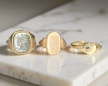 Two 9ct gold signet rings and another unmarked, all a/f CONDITION REPORT: 7.