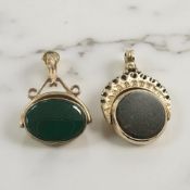 Two gold hardstone fobs