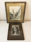 19th Century Continental School : Figures in a street with cathedral beyond, watercolour,