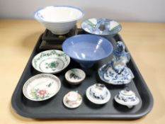 A group of studio pottery bowls including one depicting a steamboat signed 'TF' to underside,