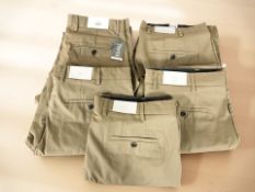 Five new pairs of of Moss casual trousers with retail tags, various sizes.
