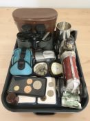A pair of Swift binoculars, small quantity of coins including some pre-1947 3p pieces,