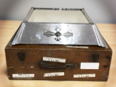An Art Deco silver plated cake stand with wooden storage box,