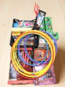 Assorted new children's toys, hoola hoops, tennis rackets, sand buckets, air fix models,