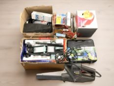 Assorted hand and power tools, hydraulic floor jack, camping stove,