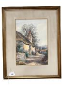 Tom Gough : Thatched cottage with figure walking down a path, watercolour,