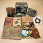 Various items including desk blotter, vintage projector, pair of binoculars, fountain pen nibs,