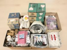 A large quantity of drinking glasses, paper and aluminium dishes, table covers,