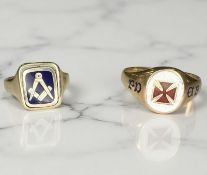 Two 9ct gold signet rings including a Masonic swivel example and another Masonic Order of St.
