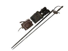 A dress sword in sheath together with a Regulette camera and pair of antique binoculars