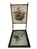 An Aesthetic period bamboo and hand painted glass fire screen and a further painted glass panel