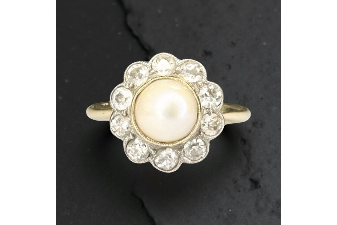 A fine antique 18ct yellow gold pearl and diamond cluster ring,