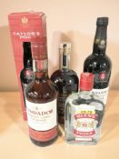 Five bottles of alcohol to include Taylor's vintage port 2019, 2018, Funderdor fine brandy,
