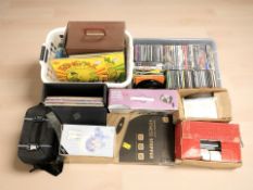 Assorted LP records, DVDs, CDs, projector,