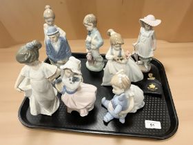 A group of Spanish and Nao figures, together with a brass commemorative Edward VIII caddy spoon.