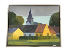 Povel Adam Kolind : Town buildings with church spire, oil on canvas, signed and dated 2003,