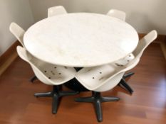A Scandinavian marble circular dining table on painted metal support,