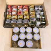 Assorted new tins of paint and primer in various colours,