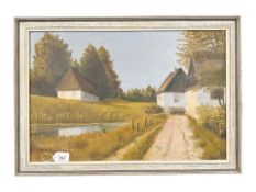 W Rytger : rural cottages with pond, oil on canvas,