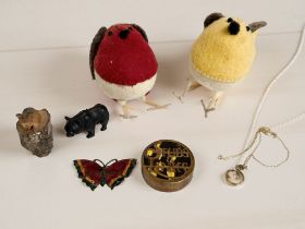 Two felt Christmas robins retailed by Liberty, a small Black Forest bear,
