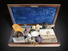 A mahogany box of geological specimens, flint arrowhead,