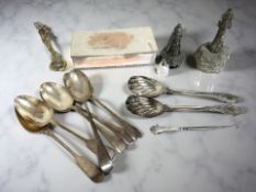 A pair of ornate EPNS berry spoons, other plated wares, small perfume bottle,