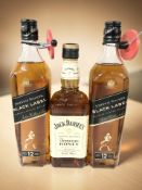 Two bottles Johnnie Walker Black label blended Scotch whisky 70cl and further bottle of Jack