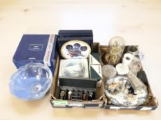 A group of collector's plates and German anniversary clock under dome, crystal items, ceramics,