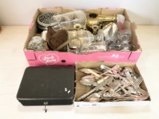 Assorted crystal items, brass wares, EPNS cutlery, metal cash tin, vintage camera,