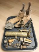 A pair of wooden shoe trees, pair of Indian brass candlesticks in the form of cobras,