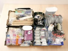 Assorted new kitchen wares, wooden rolling pins and utensils, kettle, aluminium dishes,