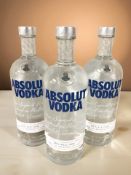 Three bottles of Absolut Swedish vodka 1 litre