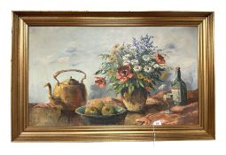 P Molved : Still life of flowers, fruit and copper kettle, oil on canvas,
