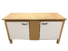 A vintage Ikea Verde pine and laminated work bench fitted with cupboards,