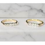 Two antique 18ct gold five stone diamond rings, sizes J and M.