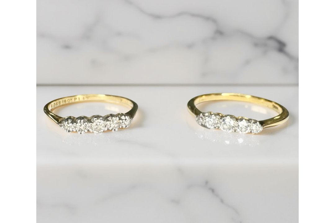Two antique 18ct gold five stone diamond rings, sizes J and M.