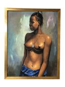 African School : Portrait of a bare chested woman, oil on canvas,
