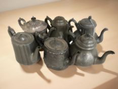 Six 19th century pewter / EPNS teapots