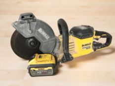 A Dewalt DCs690 disc grinder with a battery pack