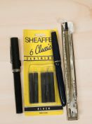 A Cross gold plated ball pen in box, Parker Junior Duofold fountain pen with 14ct gold nib,