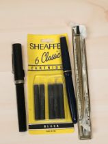 A Cross gold plated ball pen in box, Parker Junior Duofold fountain pen with 14ct gold nib,