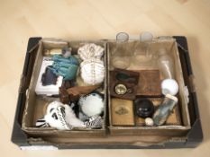 Miscellaneous items including wooden table boxes, glass paraffin lamp,