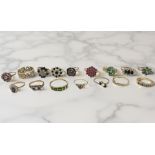 Sixteen 9ct gold rings including ruby, diamond, sapphire, amethyst,